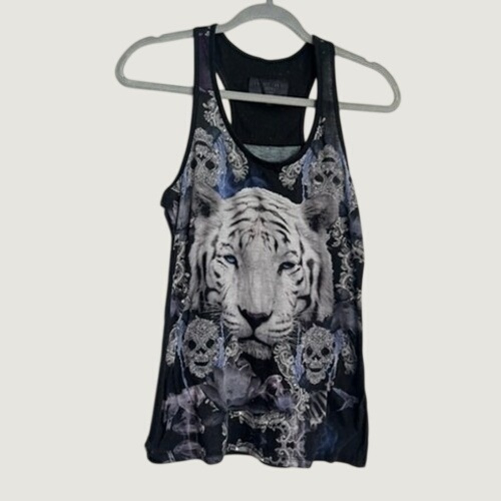 Philipp Plein Couture Womens Black White Tiger Skull Graphic Racerback Tank Top